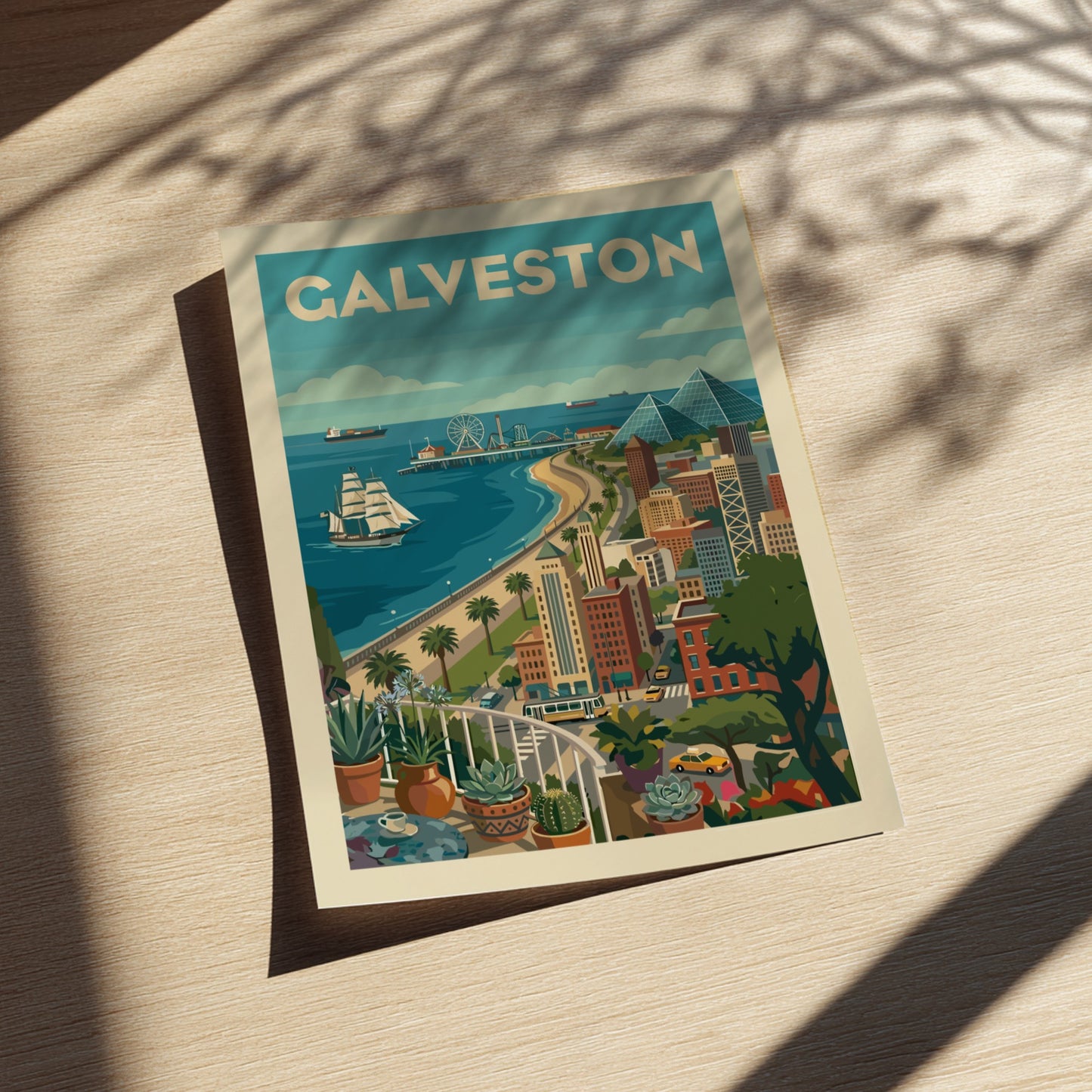 Retro Galveston cityscape poster with a tall ship, Ferris wheel, and pyramids on a sunny day.