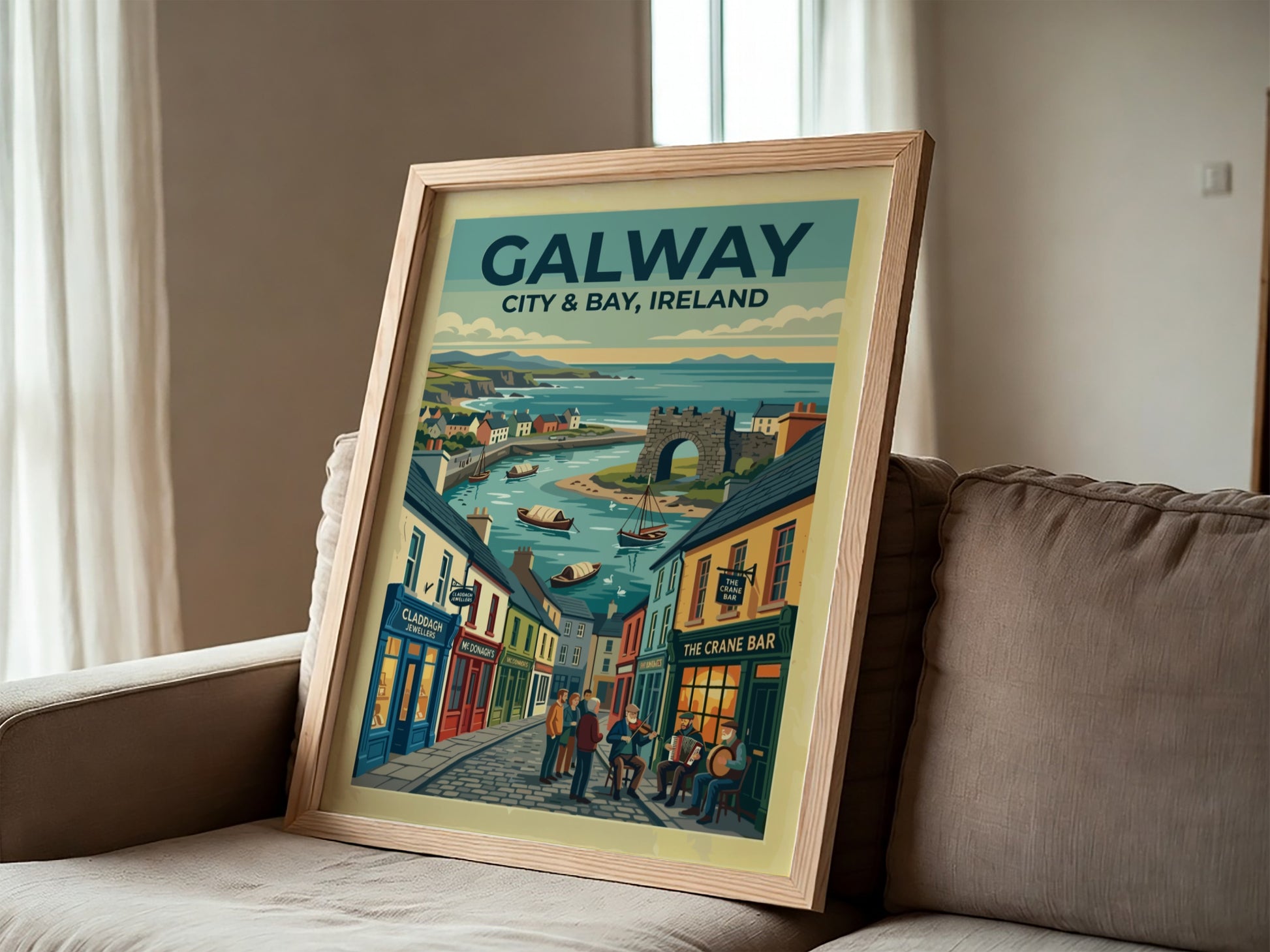 Travel poster of Galway City and Bay featuring cobblestone streets, traditional storefronts, and boats.