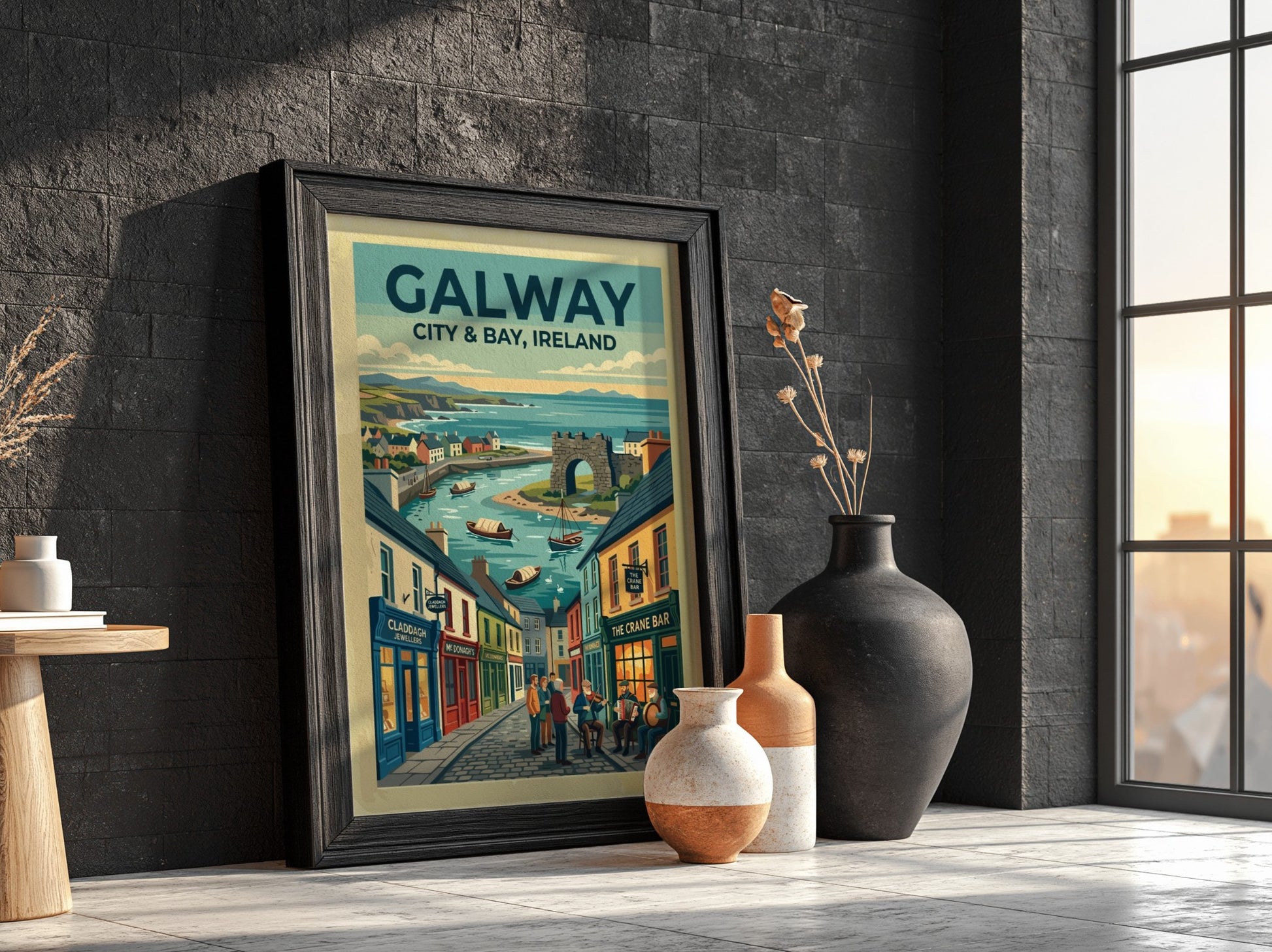 Travel poster of Galway City and Bay featuring cobblestone streets, traditional storefronts, and boats.