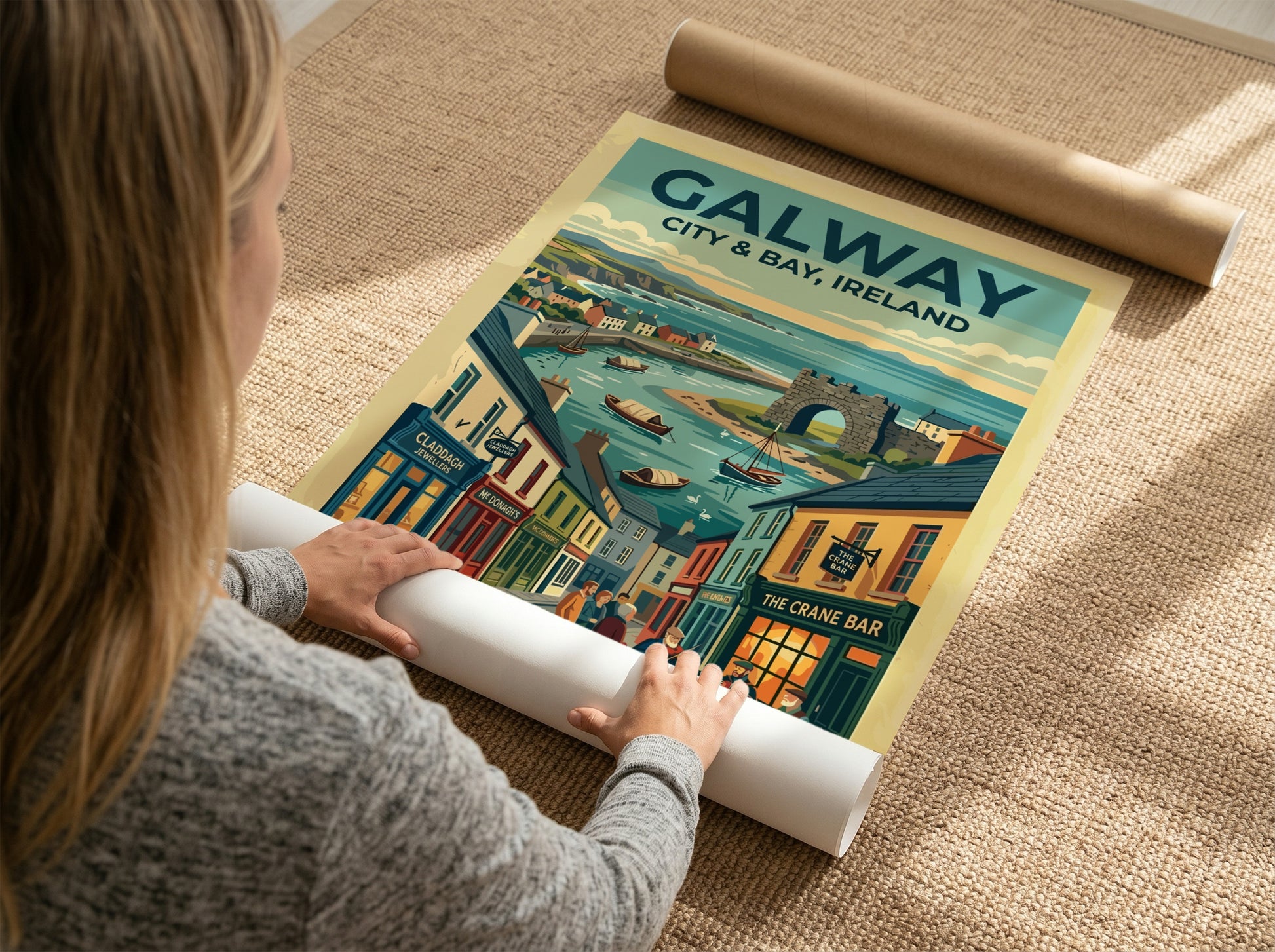 Travel poster of Galway City and Bay featuring cobblestone streets, traditional storefronts, and boats.