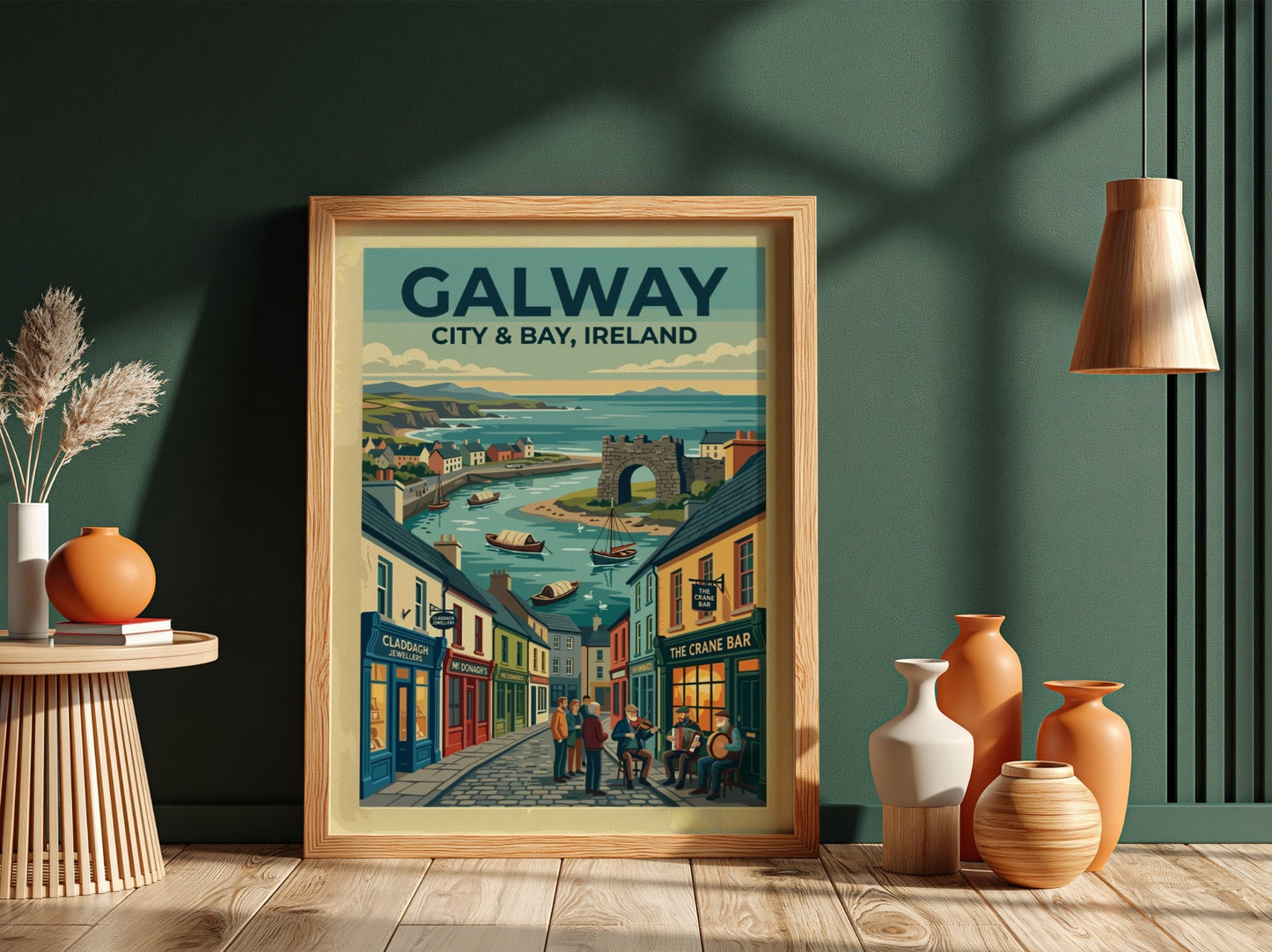 Travel poster of Galway City and Bay featuring cobblestone streets, traditional storefronts, and boats.