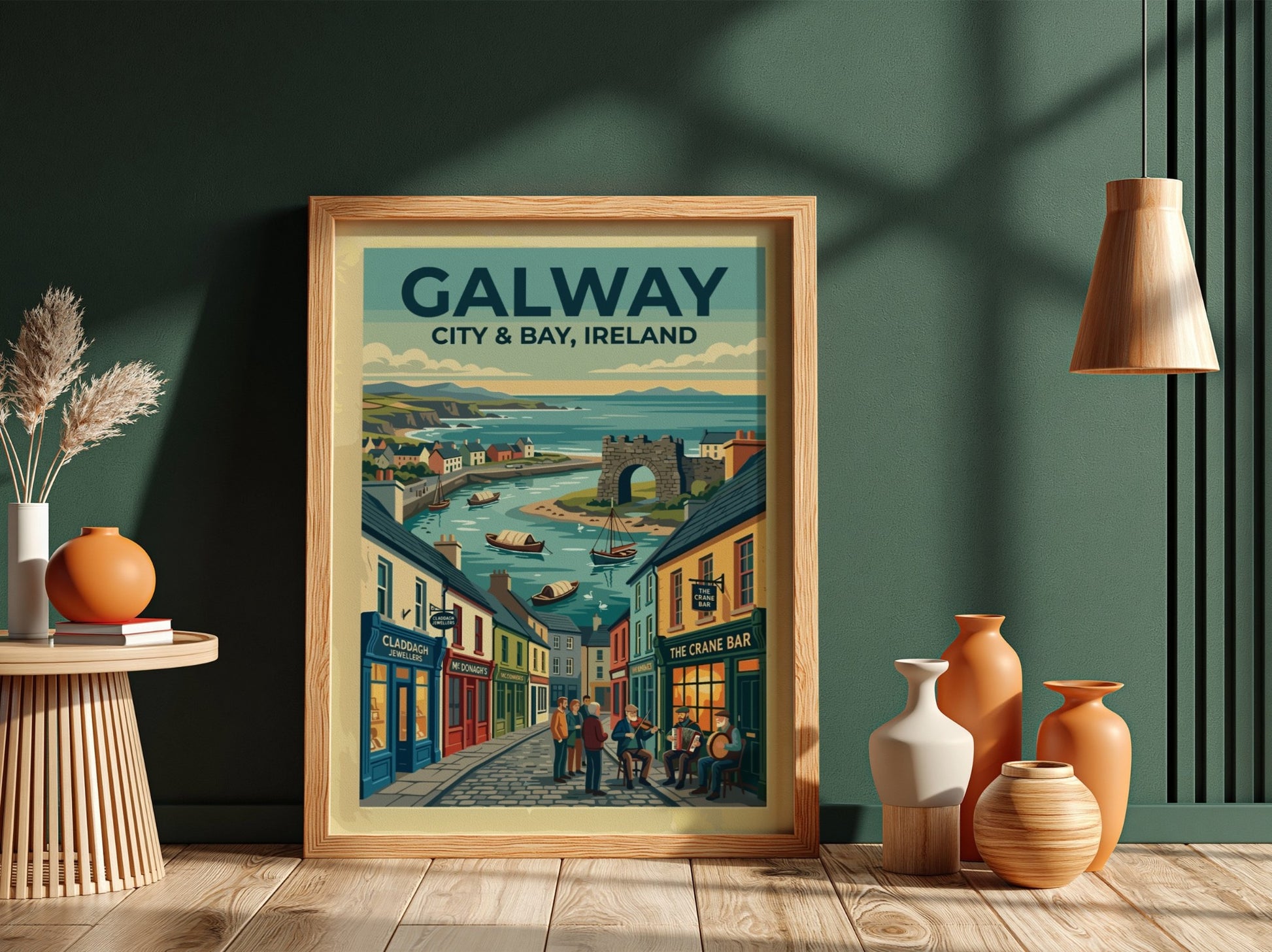 Travel poster of Galway City and Bay featuring cobblestone streets, traditional storefronts, and boats.