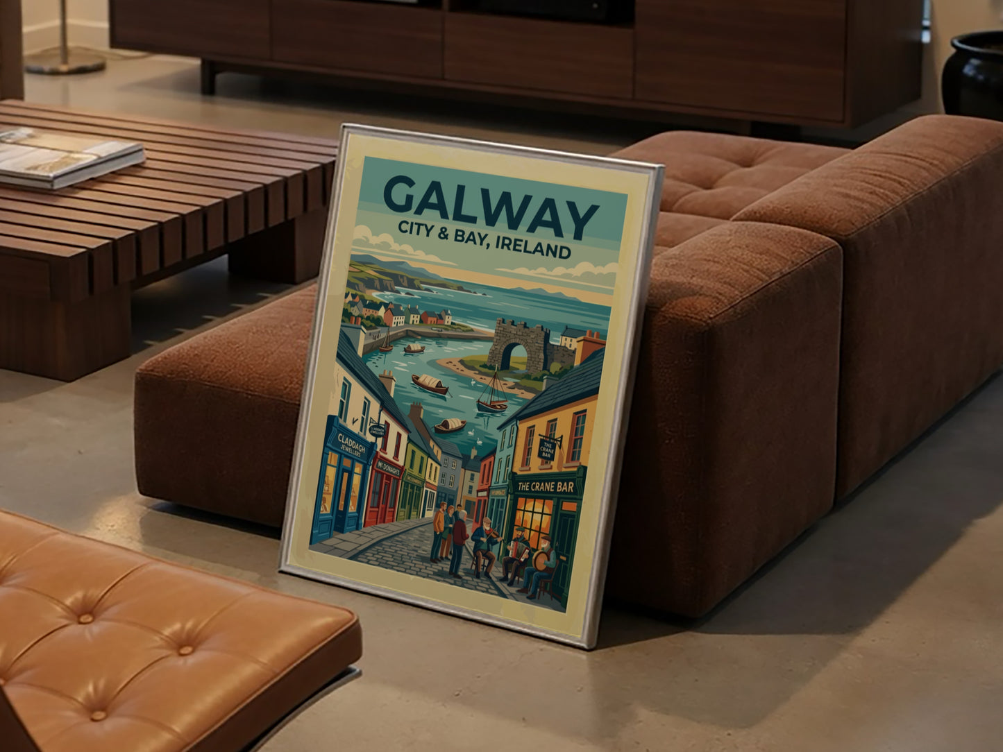 Travel poster of Galway City and Bay featuring cobblestone streets, traditional storefronts, and boats.