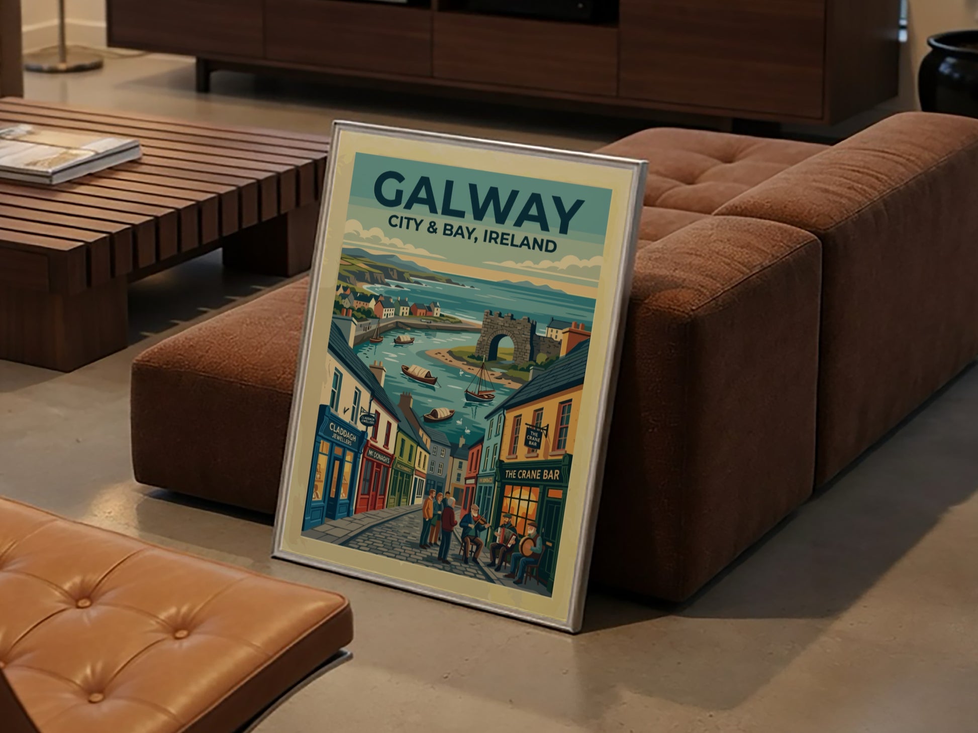 Travel poster of Galway City and Bay featuring cobblestone streets, traditional storefronts, and boats.