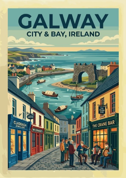 Travel poster of Galway City and Bay featuring cobblestone streets, traditional storefronts, and boats.