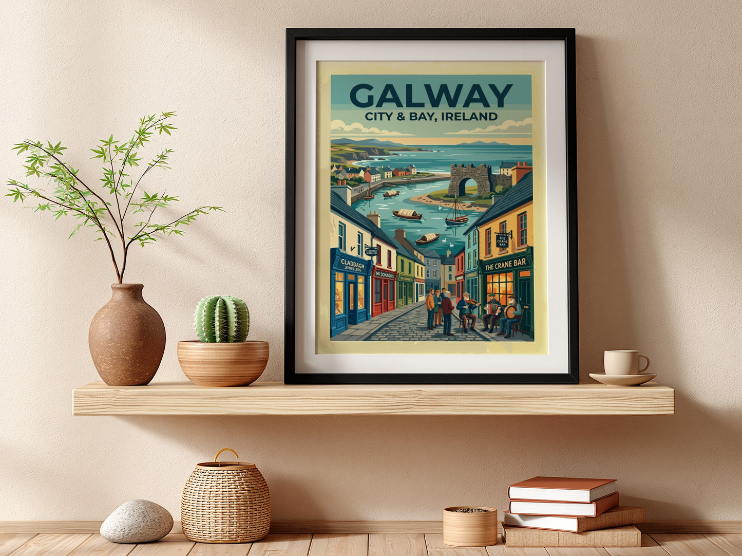 Travel poster of Galway City and Bay featuring cobblestone streets, traditional storefronts, and boats.