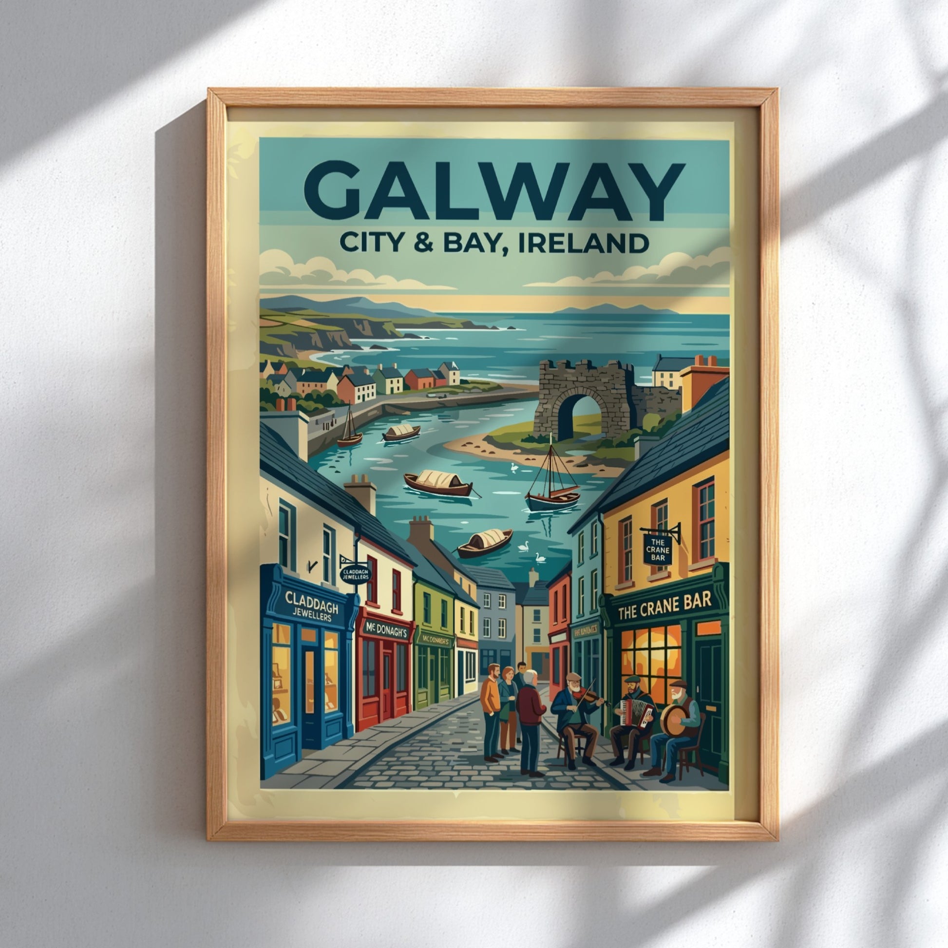 Travel poster of Galway City and Bay featuring cobblestone streets, traditional storefronts, and boats.