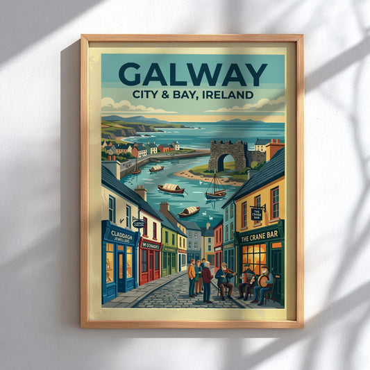 Travel poster of Galway City and Bay featuring cobblestone streets, traditional storefronts, and boats.