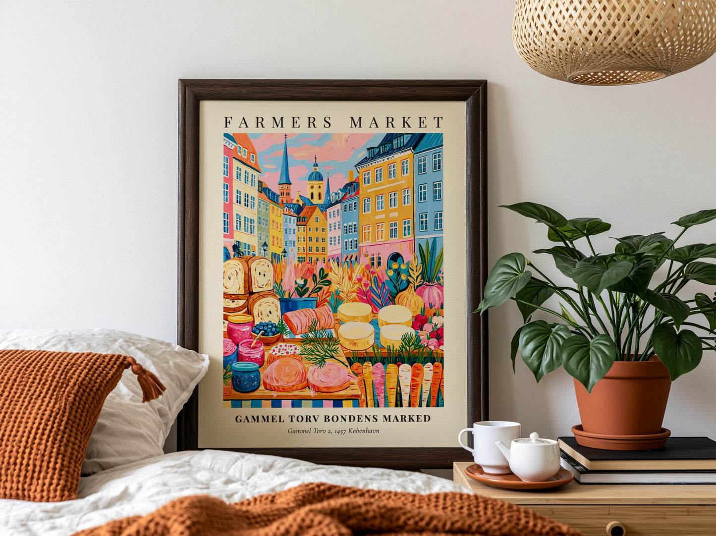Farmers market poster featuring colorful produce and Copenhagen architecture in vibrant style