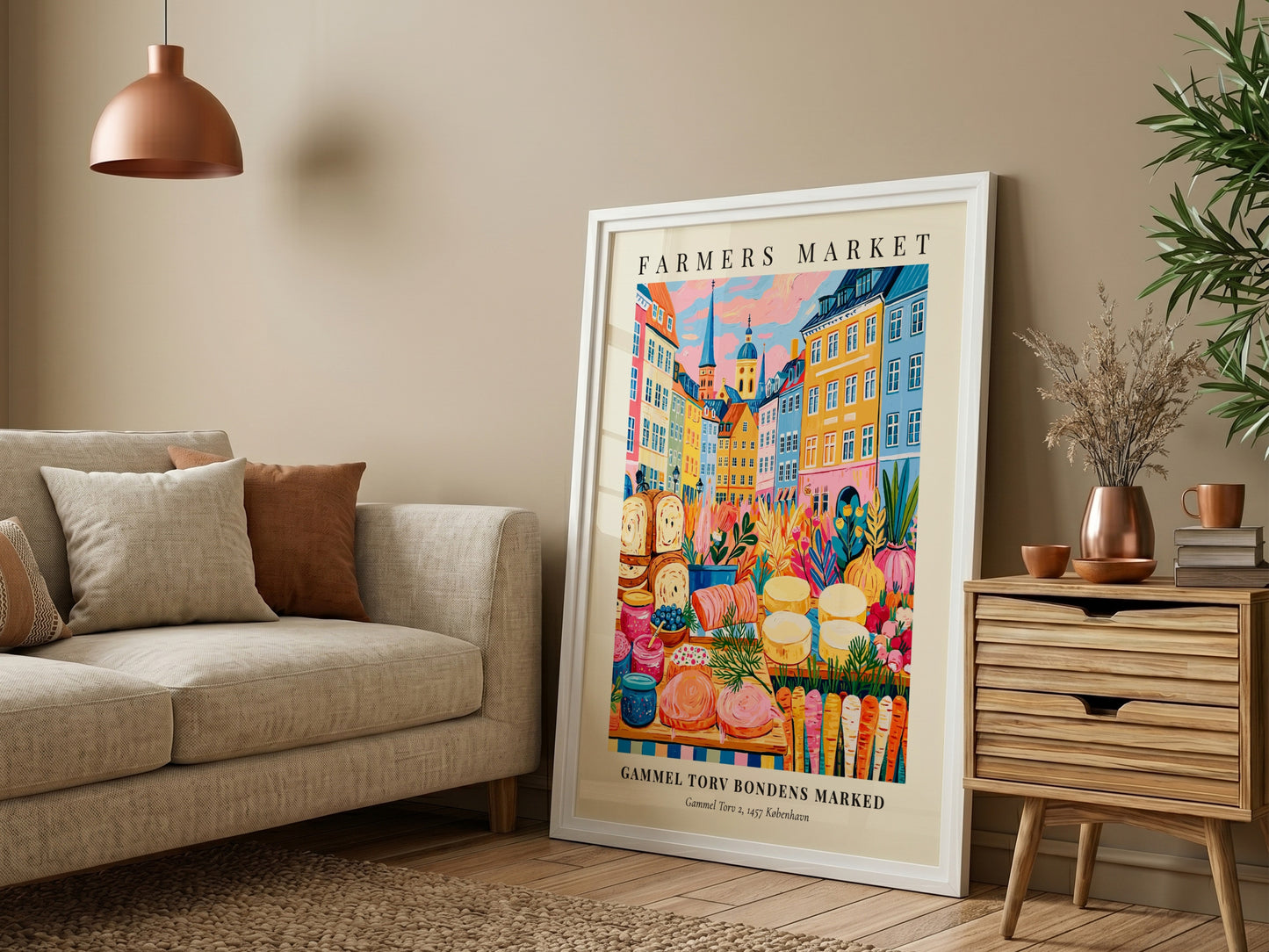 Farmers market poster featuring colorful produce and Copenhagen architecture in vibrant style