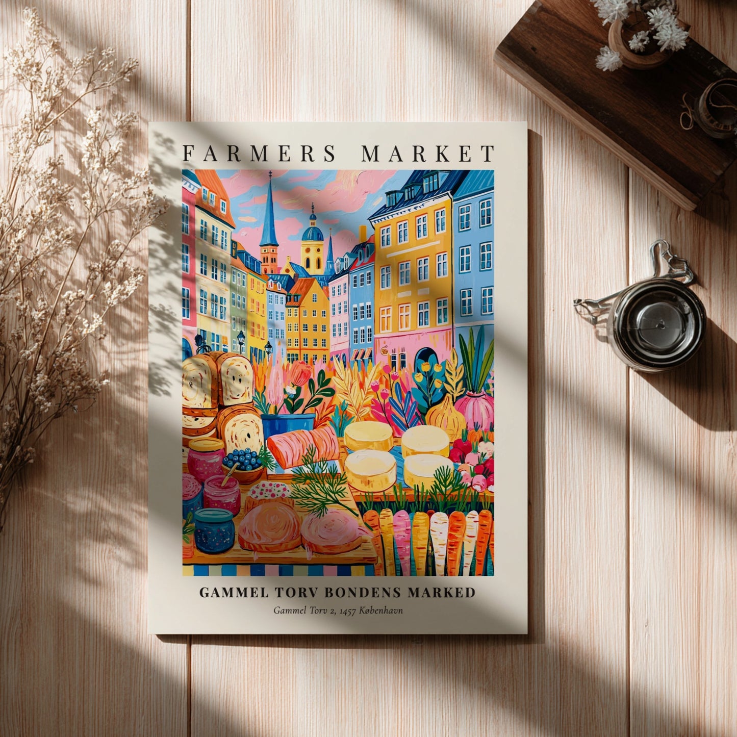 Farmers market poster featuring colorful produce and Copenhagen architecture in vibrant style