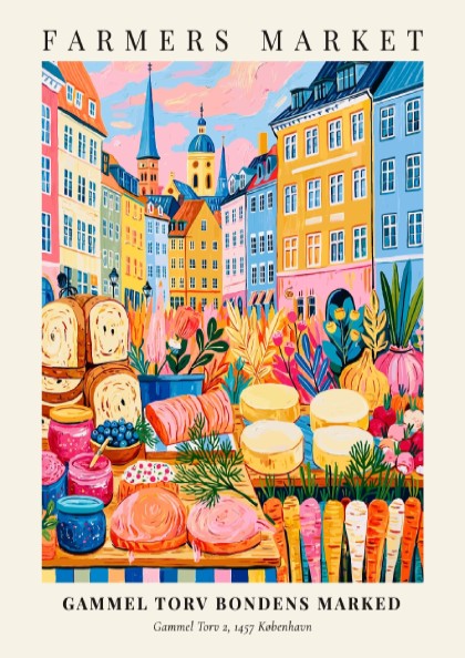 Farmers market poster featuring colorful produce and Copenhagen architecture in vibrant style