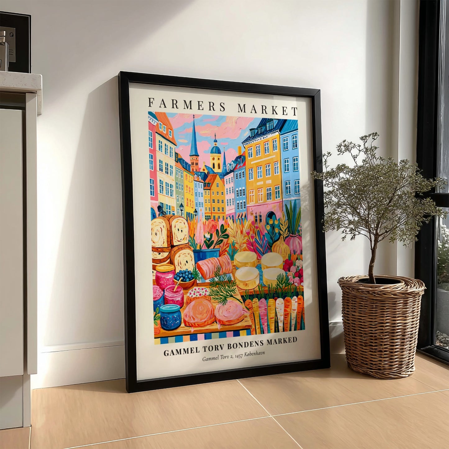 Farmers market poster featuring colorful produce and Copenhagen architecture in vibrant style