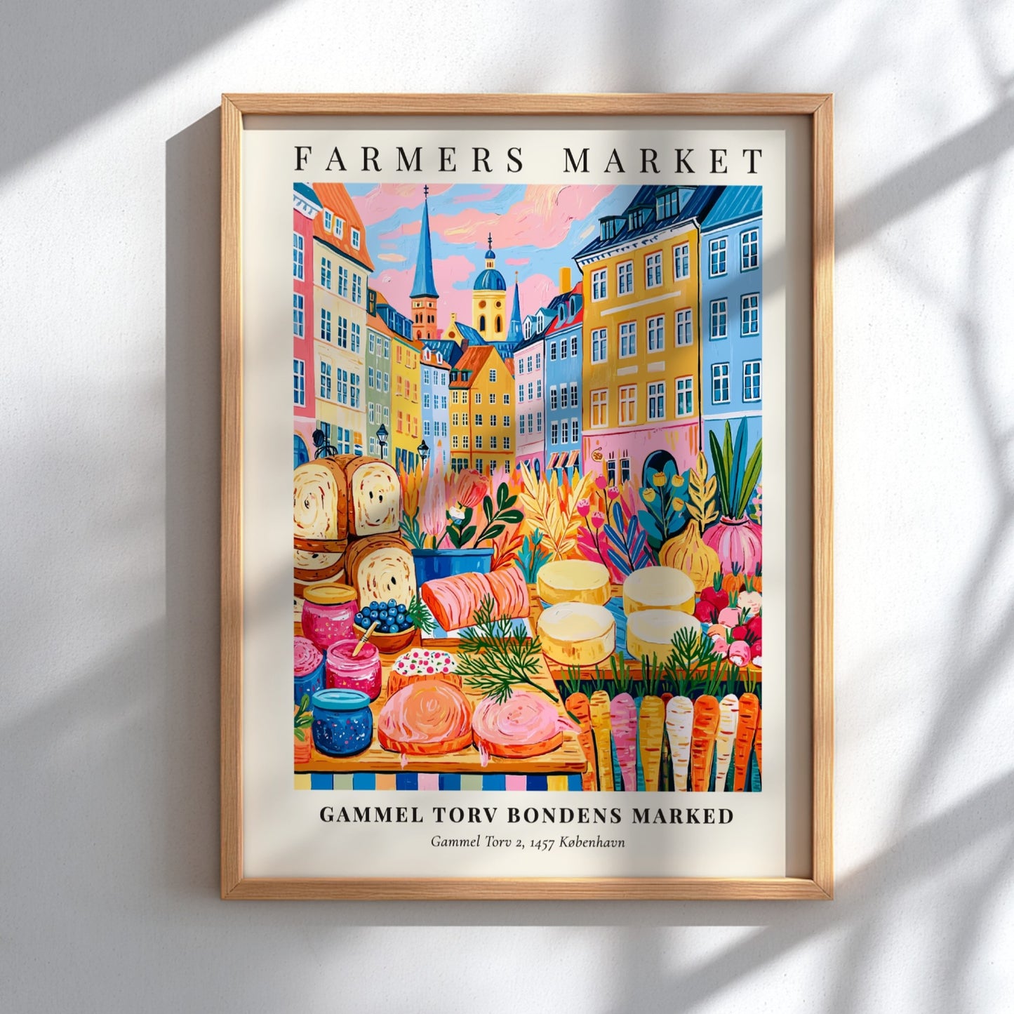Farmers market poster featuring colorful produce and Copenhagen architecture in vibrant style