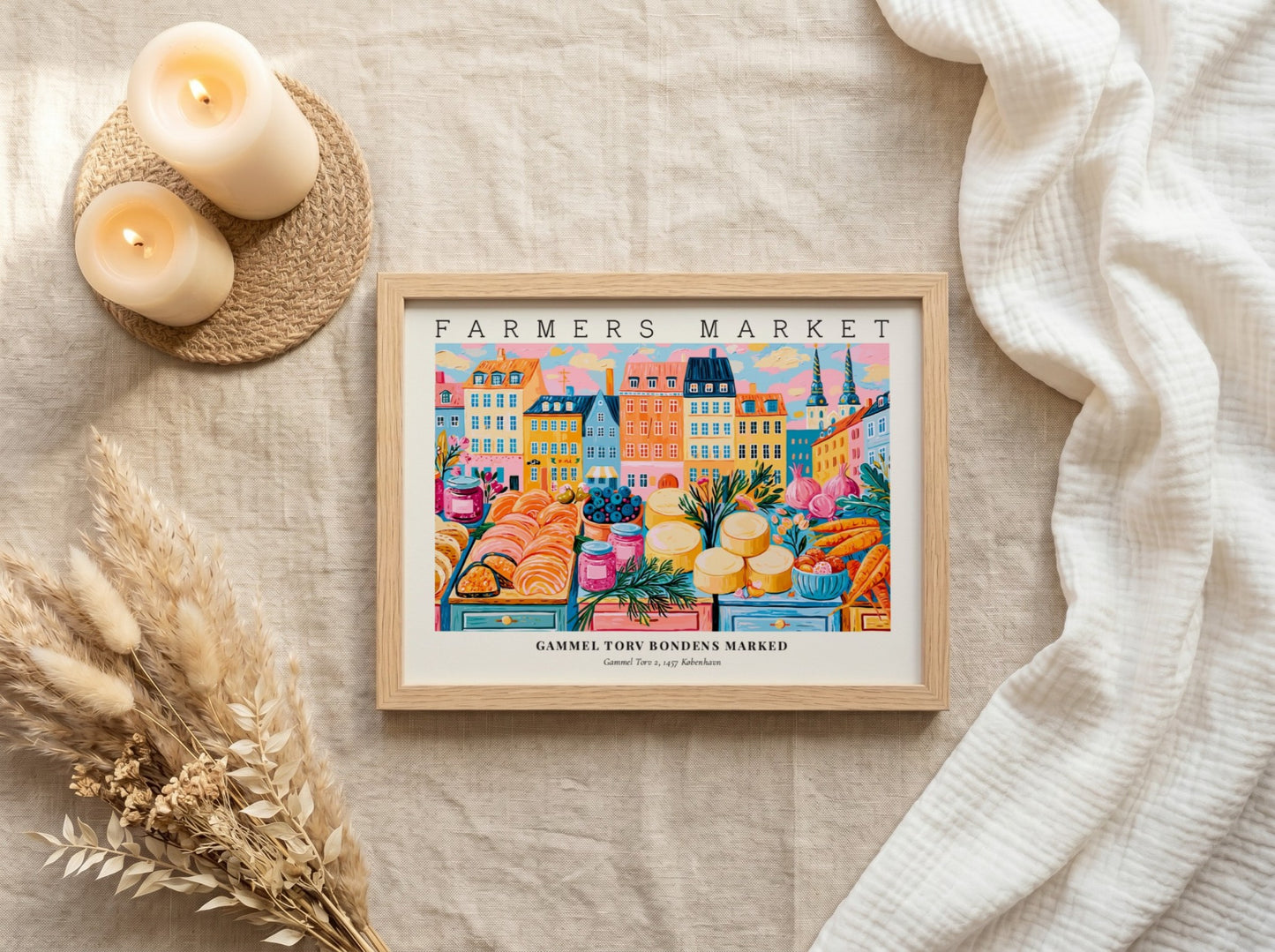 Farmers market poster featuring colorful produce and flowers, vibrant Copenhagen scene, perfect wall art for