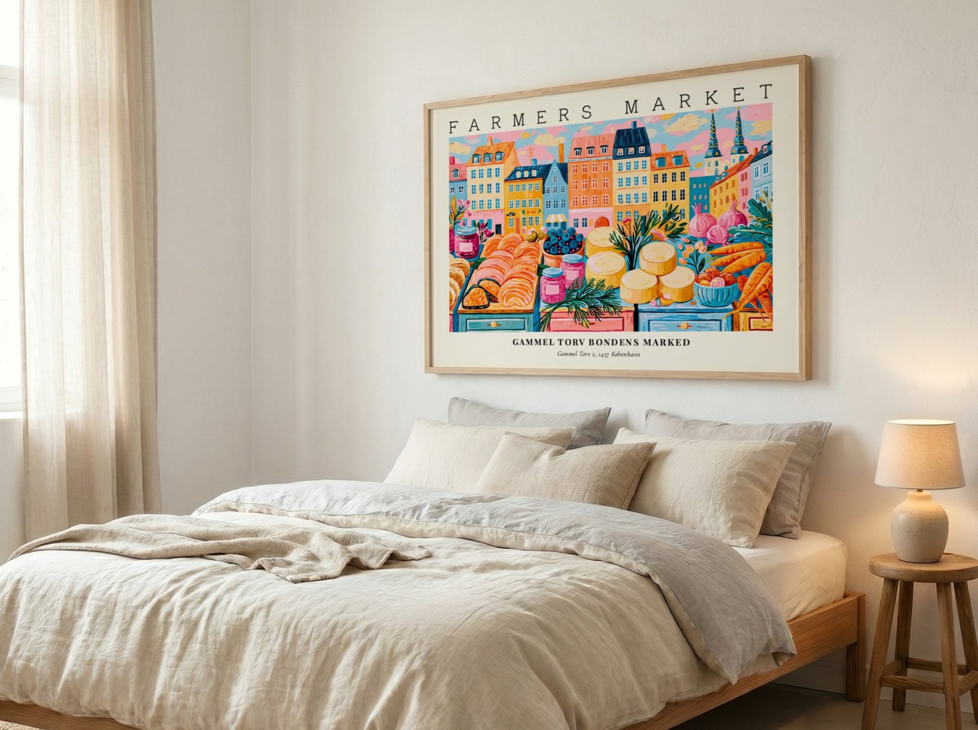 Farmers market poster featuring colorful produce and flowers, vibrant Copenhagen scene, perfect wall art for
