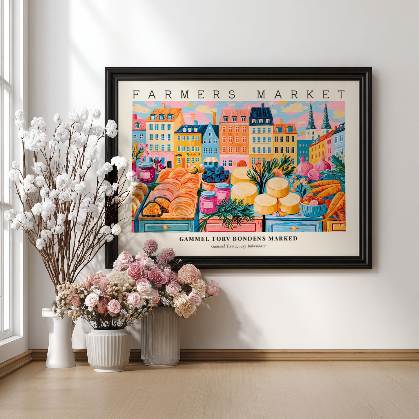 Farmers market poster featuring colorful produce and flowers, vibrant Copenhagen scene, perfect wall art for