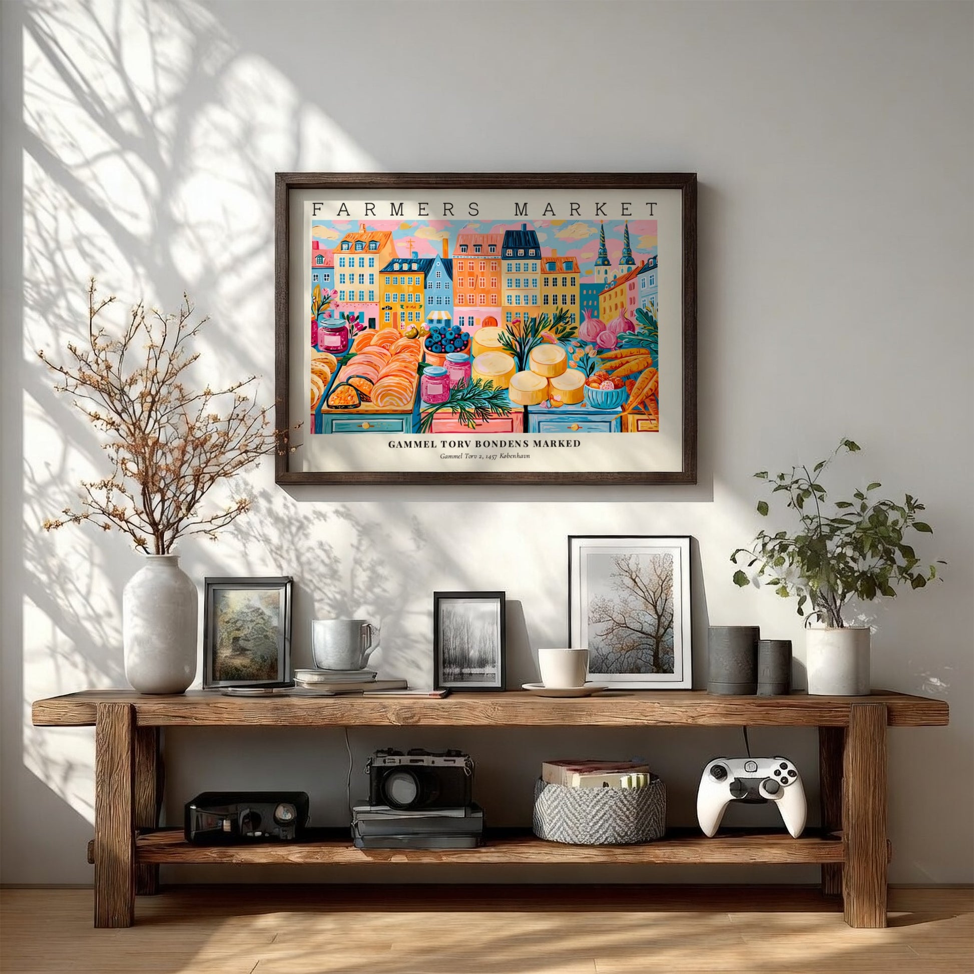 Farmers market poster featuring colorful produce and flowers, vibrant Copenhagen scene, perfect wall art for