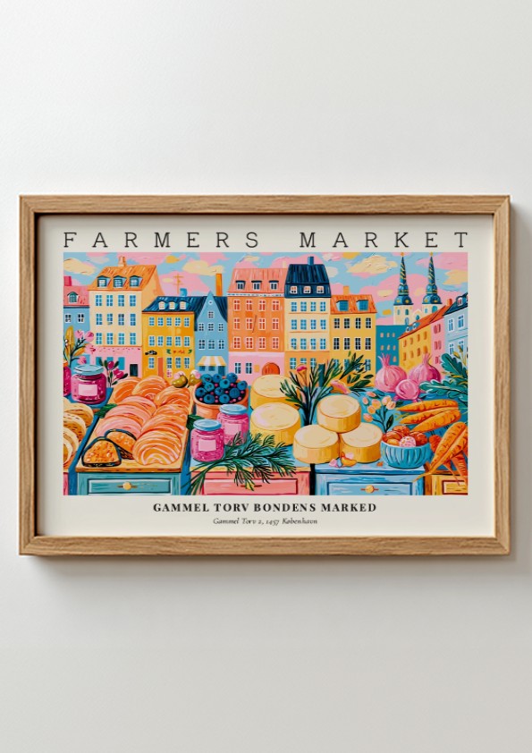 Farmers market poster featuring colorful produce and flowers, vibrant Copenhagen scene, perfect wall art for