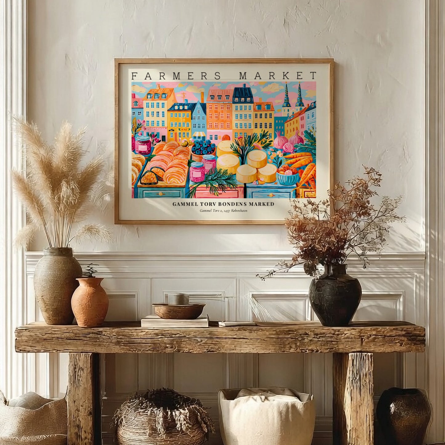 Farmers market poster featuring colorful produce and flowers, vibrant Copenhagen scene, perfect wall art for