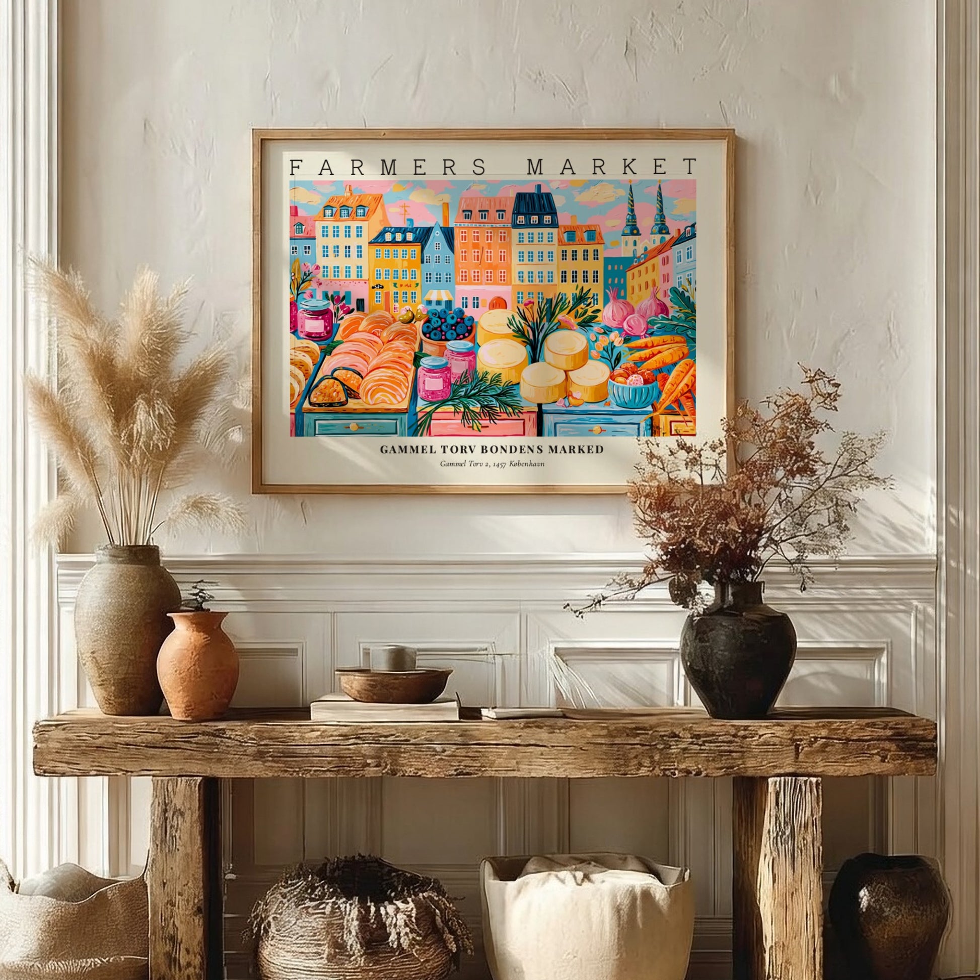 Farmers market poster featuring colorful produce and flowers, vibrant Copenhagen scene, perfect wall art for
