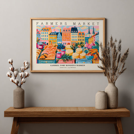 Farmers market poster featuring colorful produce and flowers, vibrant Copenhagen scene, perfect wall art for