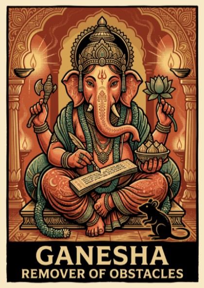 Poster of Ganesha the remover of obstacles with golden details and warm tones.