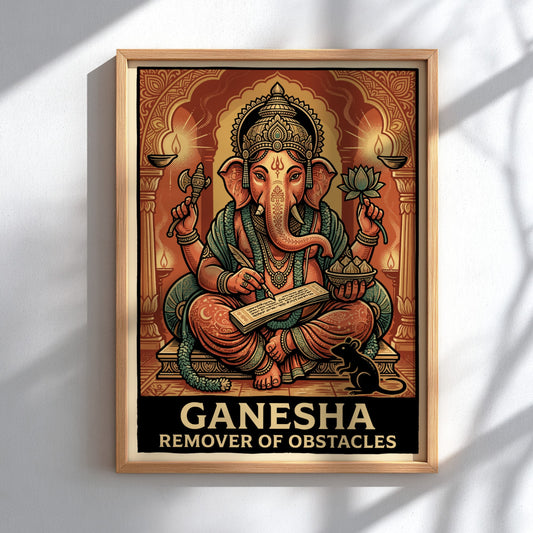 Poster of Ganesha the remover of obstacles with golden details and warm tones.