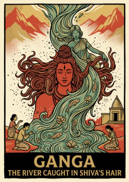 Poster featuring Ganga flowing from Shiva hair with lotus flowers and mountain temple
