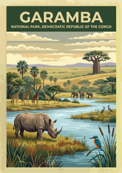 Garamba National Park poster featuring wildlife, river, and lush landscape in warm colors