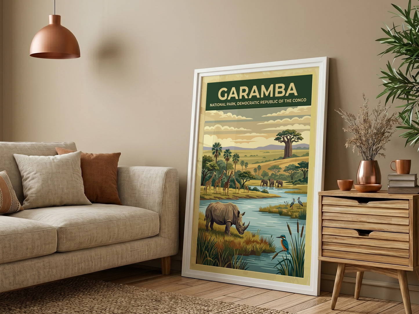 Garamba National Park poster featuring wildlife, river, and lush landscape in warm colors