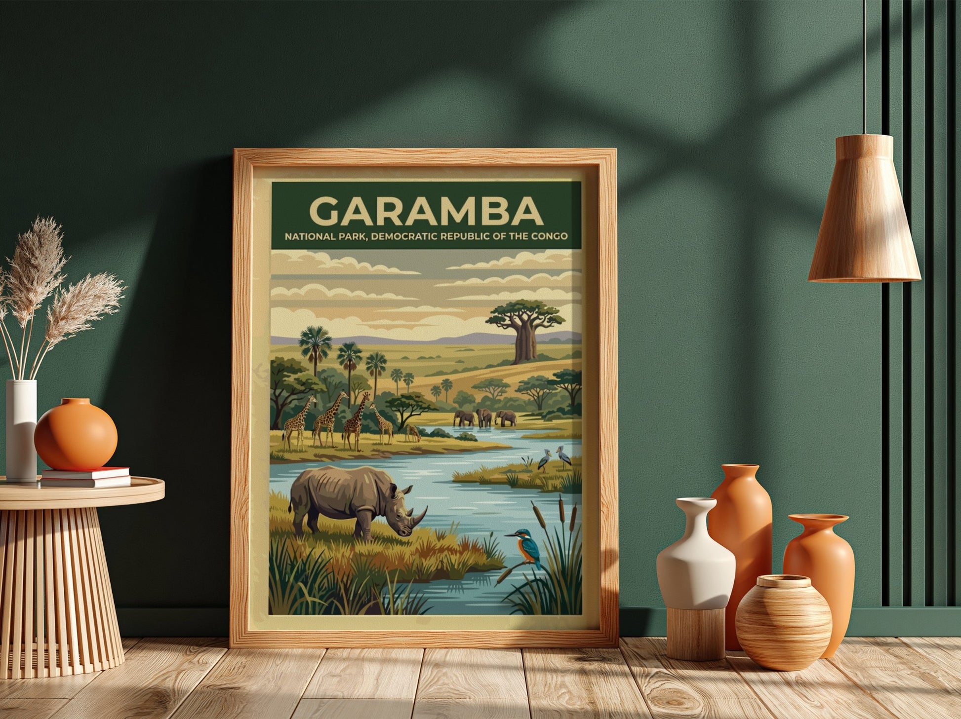 Garamba National Park poster featuring wildlife, river, and lush landscape in warm colors