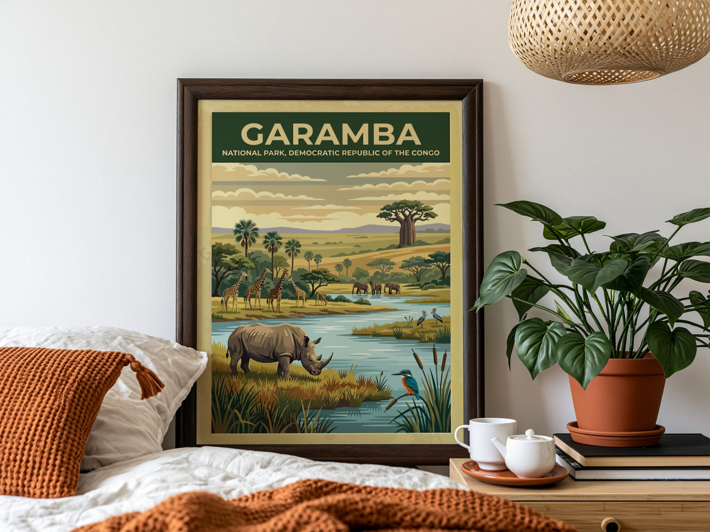 Garamba National Park poster featuring wildlife, river, and lush landscape in warm colors