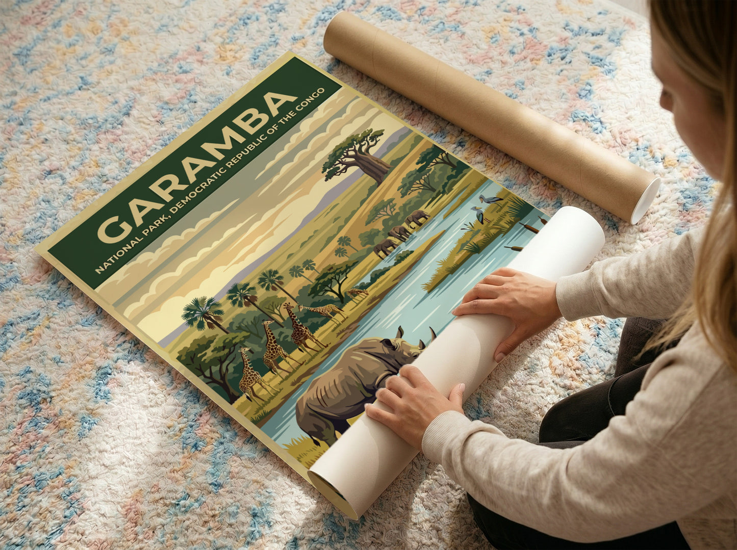 Garamba National Park poster featuring wildlife, river, and lush landscape in warm colors