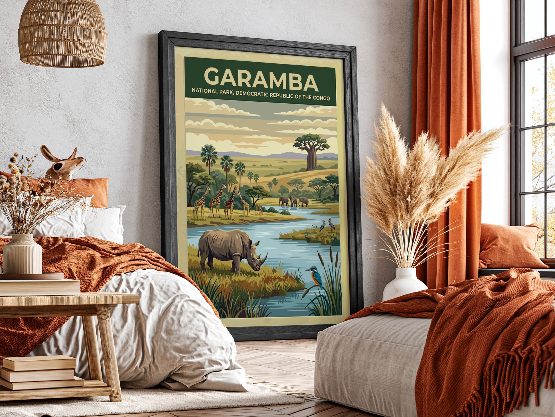 Garamba National Park poster featuring wildlife, river, and lush landscape in warm colors