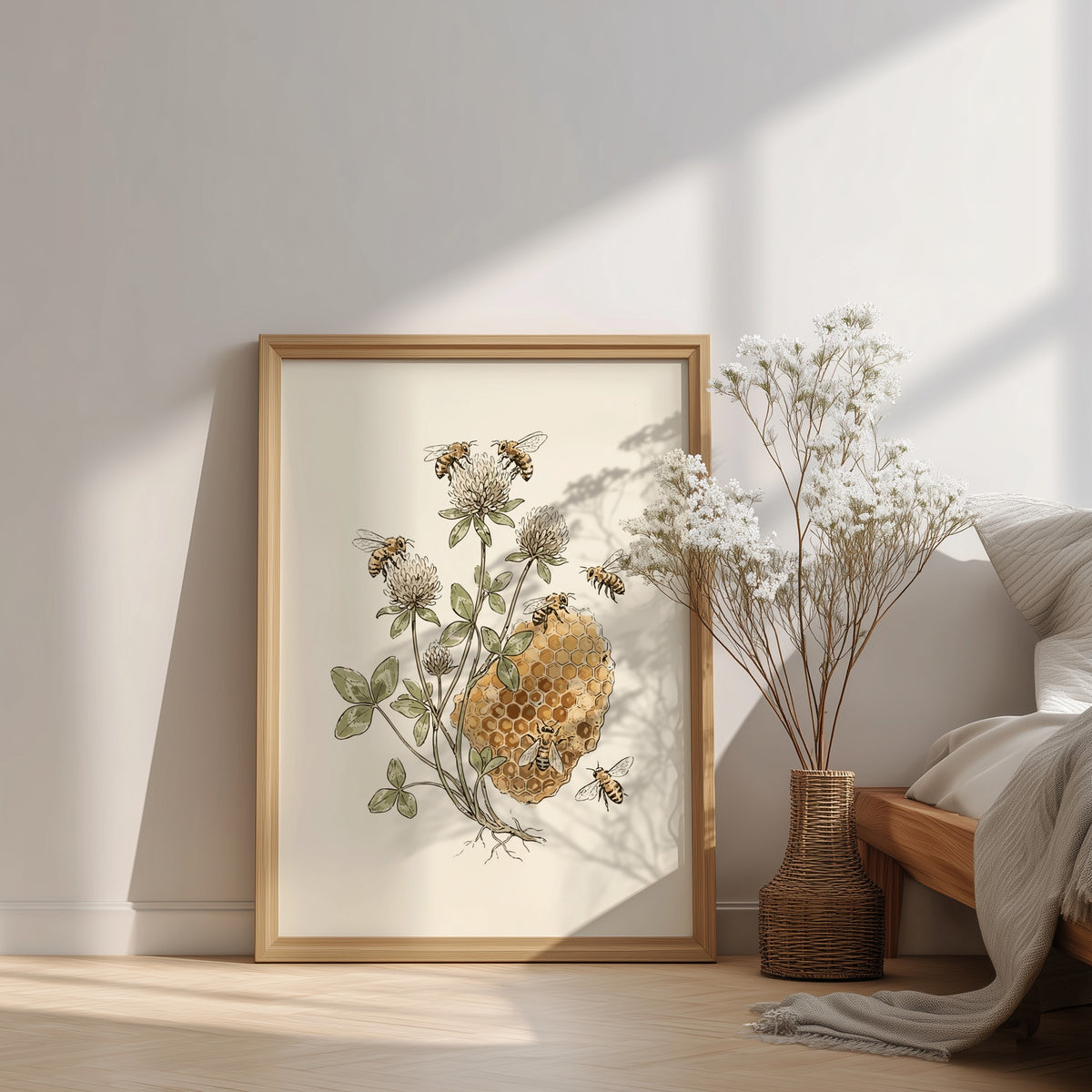 Botanical poster featuring detailed honeybees and clover flowers with a honeycomb on cream background