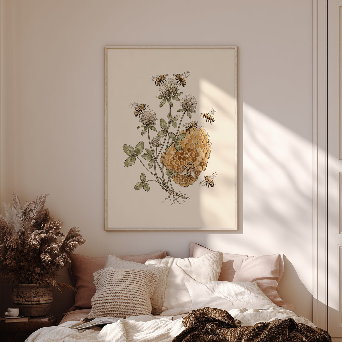 Botanical poster featuring detailed honeybees and clover flowers with a honeycomb on cream background