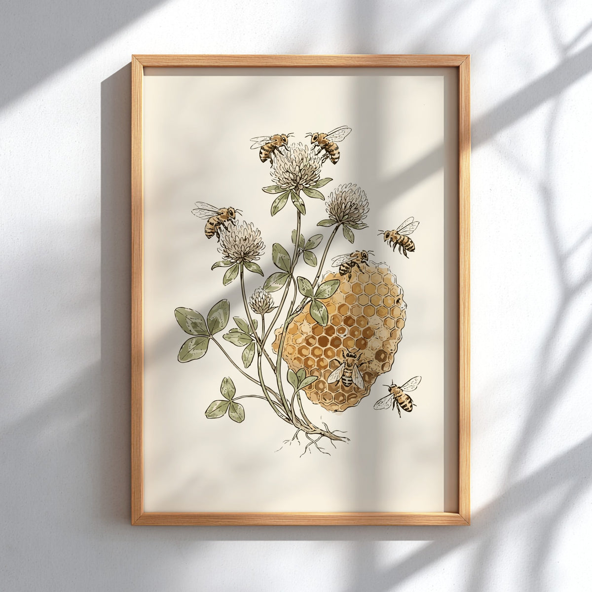 Botanical poster featuring detailed honeybees and clover flowers with a honeycomb on cream background