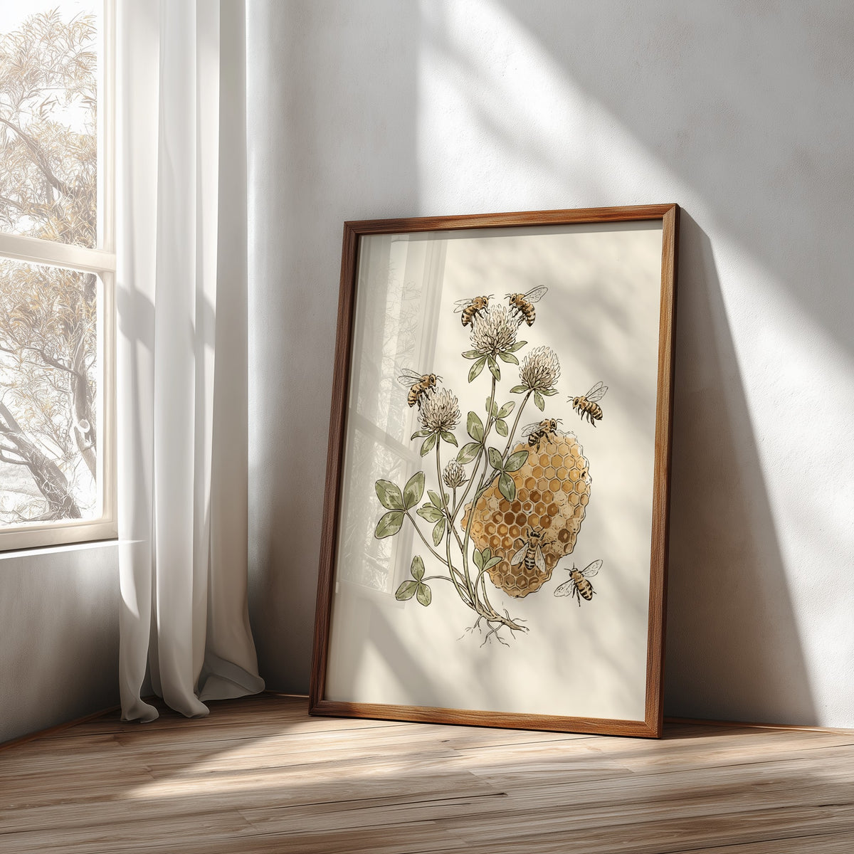 Botanical poster featuring detailed honeybees and clover flowers with a honeycomb on cream background