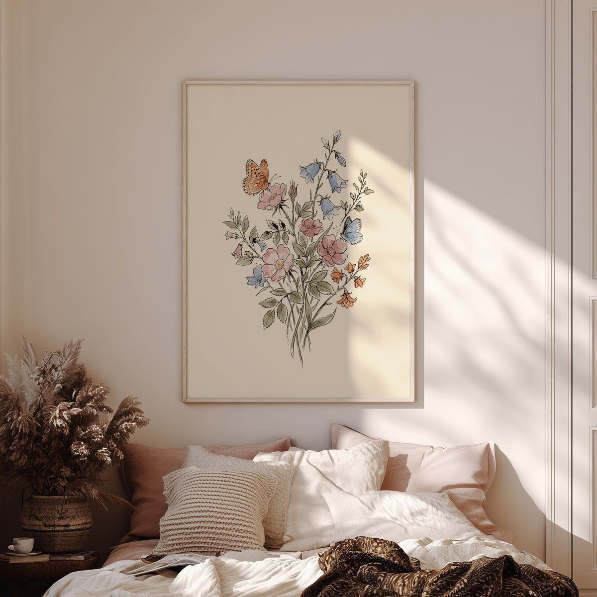Poster featuring a watercolour wildflower bouquet with pink roses, blue bellflowers, and butterflies.