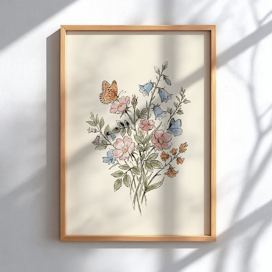 Poster featuring a watercolour wildflower bouquet with pink roses, blue bellflowers, and butterflies.