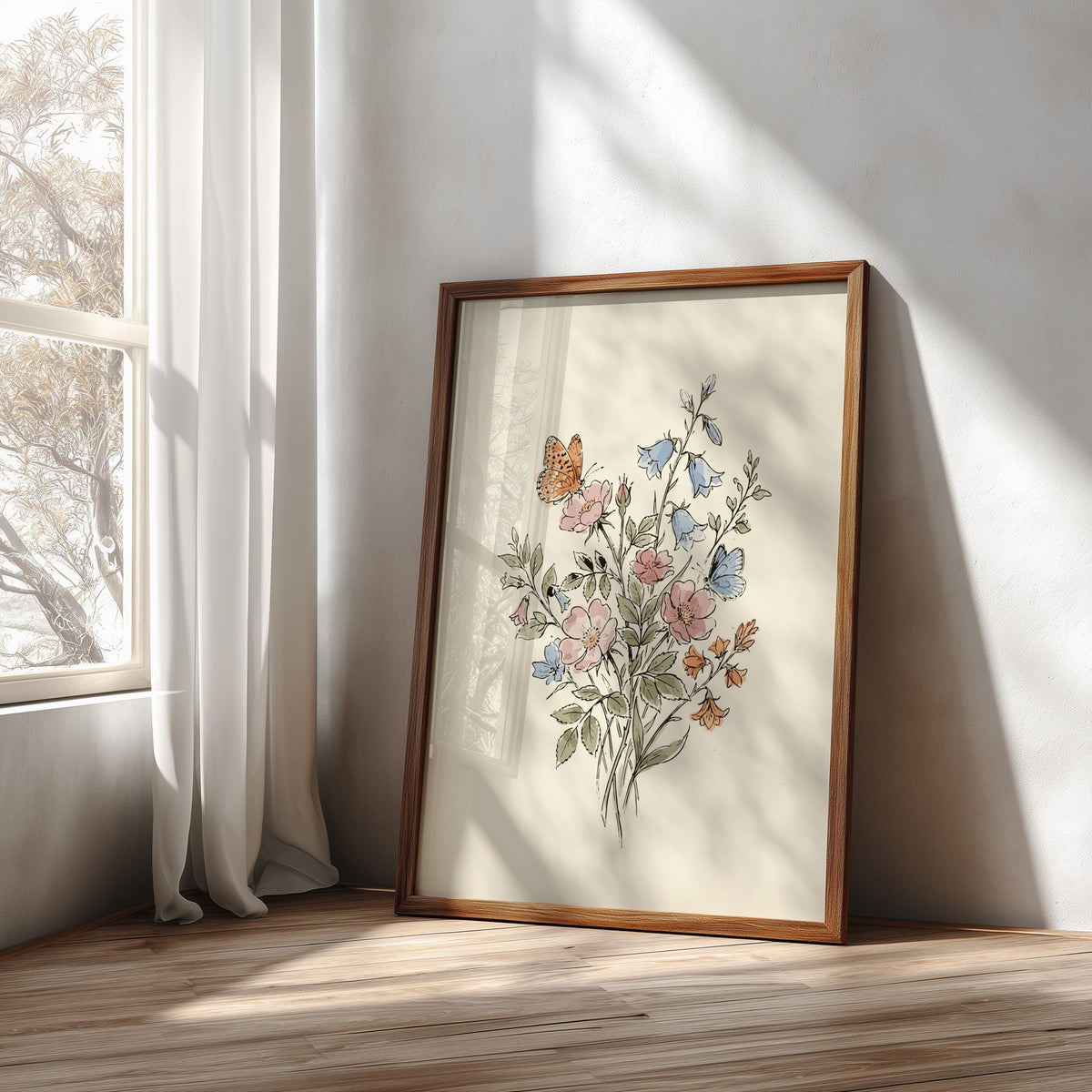 Poster featuring a watercolour wildflower bouquet with pink roses, blue bellflowers, and butterflies.