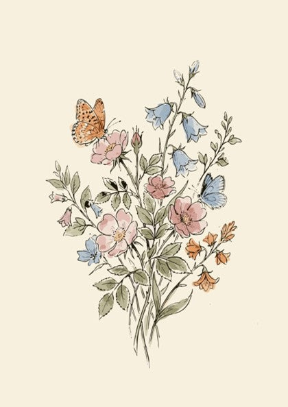Poster featuring a watercolour wildflower bouquet with pink roses, blue bellflowers, and butterflies.
