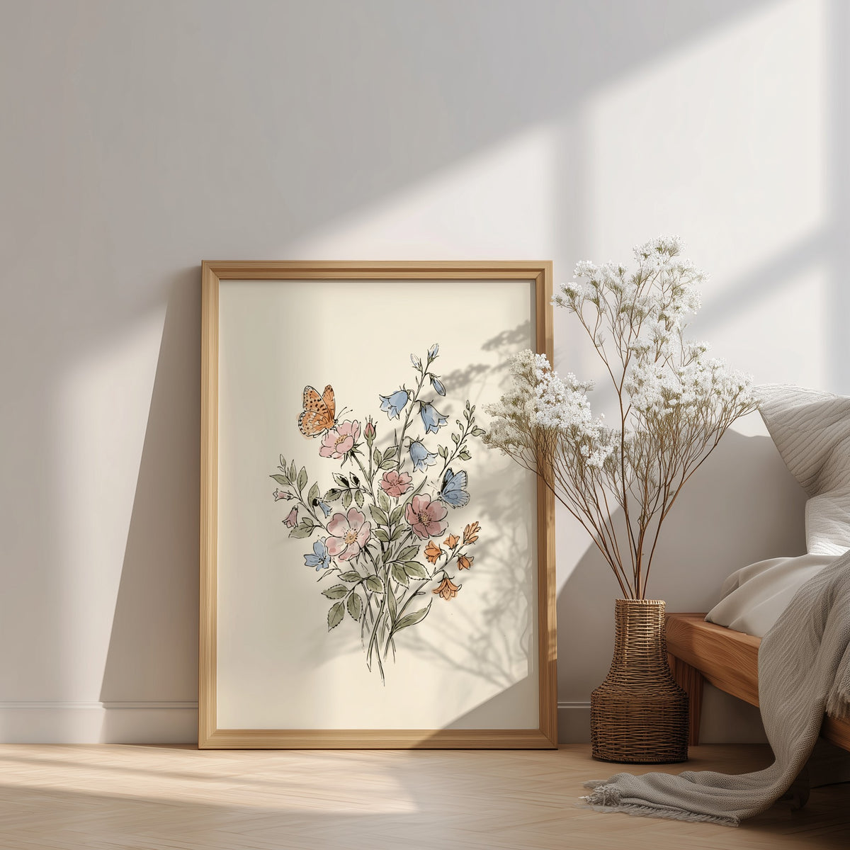 Poster featuring a watercolour wildflower bouquet with pink roses, blue bellflowers, and butterflies.