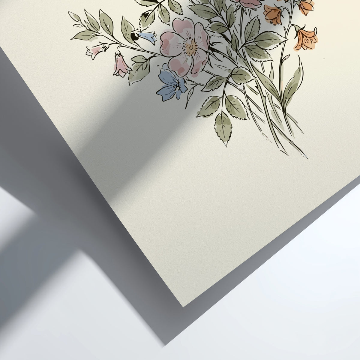 Poster featuring a watercolour wildflower bouquet with pink roses, blue bellflowers, and butterflies.
