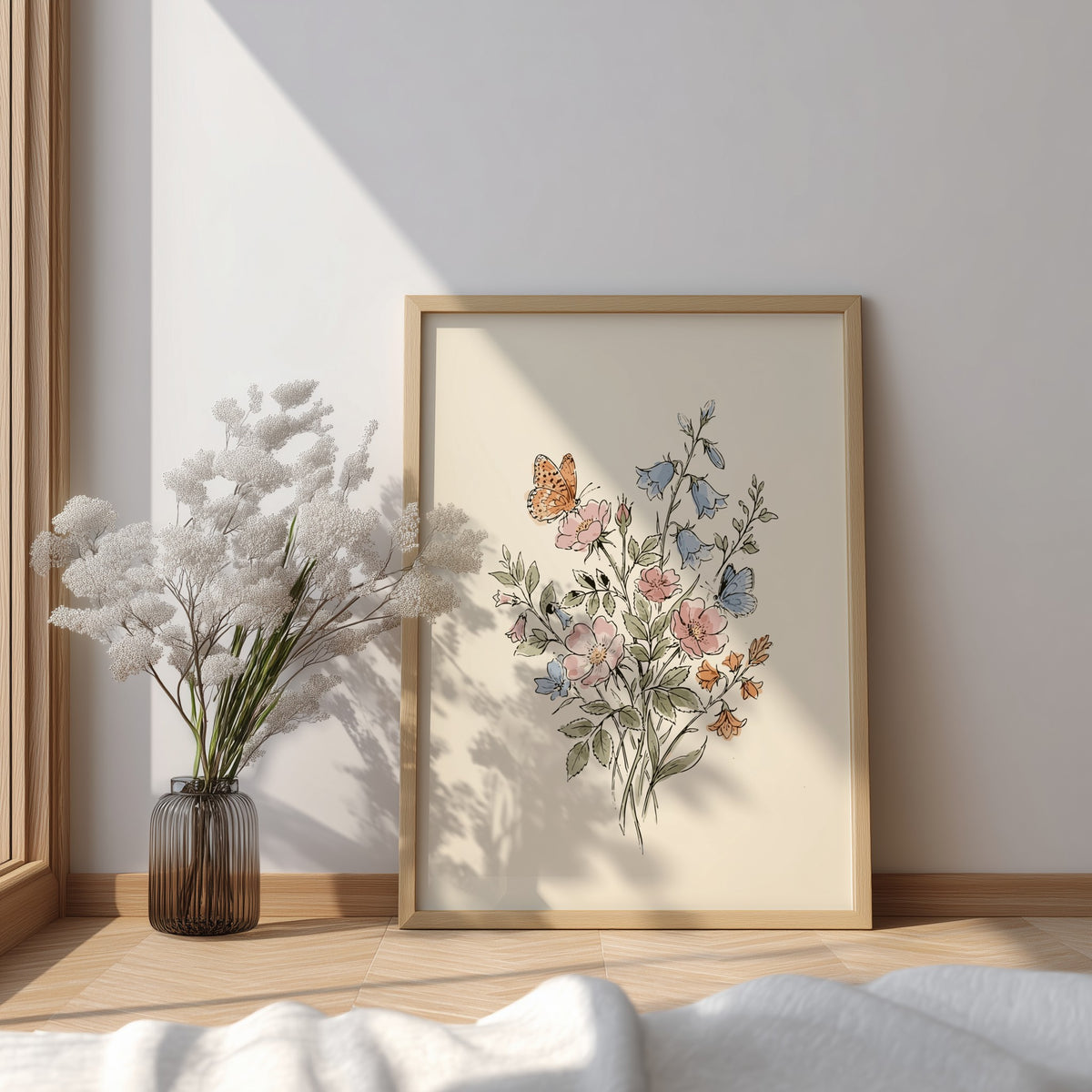 Poster featuring a watercolour wildflower bouquet with pink roses, blue bellflowers, and butterflies.