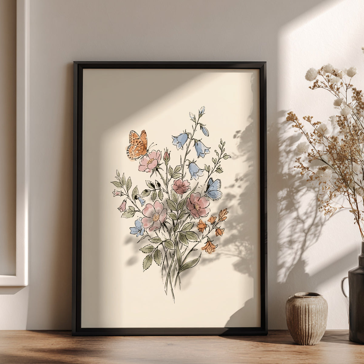 Poster featuring a watercolour wildflower bouquet with pink roses, blue bellflowers, and butterflies.