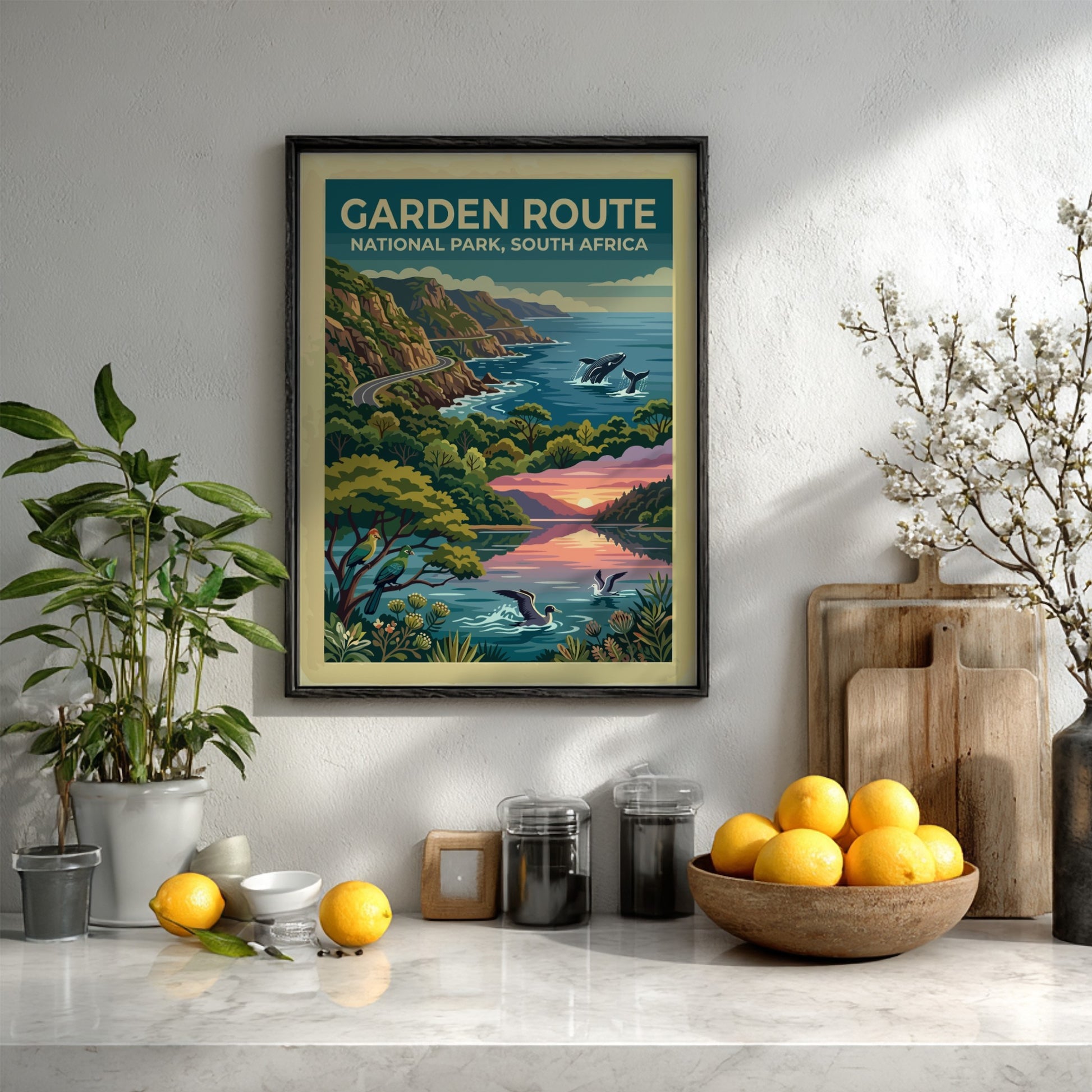 Travel poster of Garden Route National Park with coastal cliffs, whales, and birds.