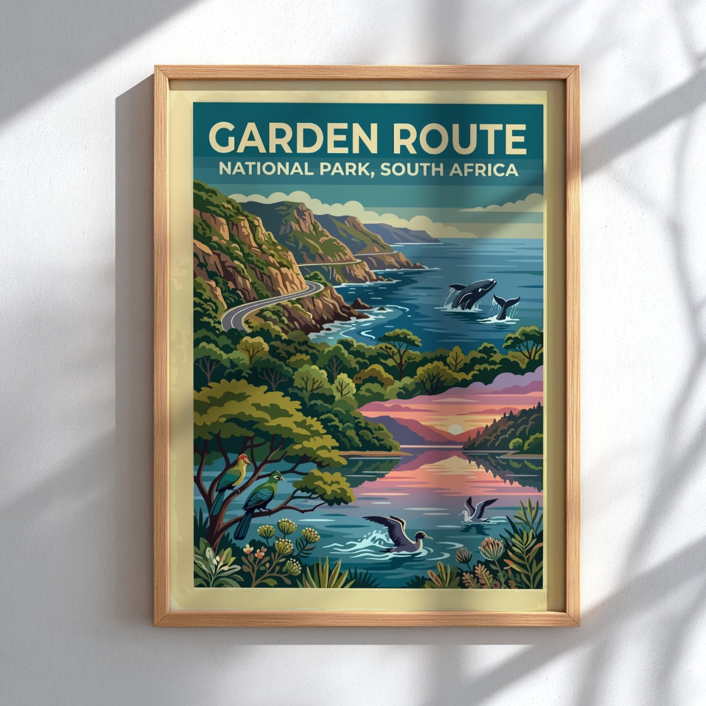 Travel poster of Garden Route National Park with coastal cliffs, whales, and birds.