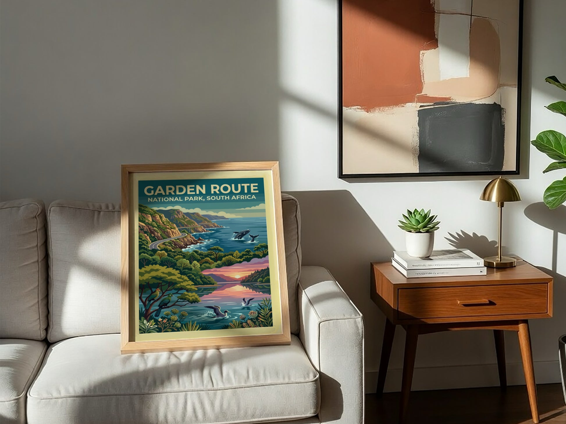 Travel poster of Garden Route National Park with coastal cliffs, whales, and birds.